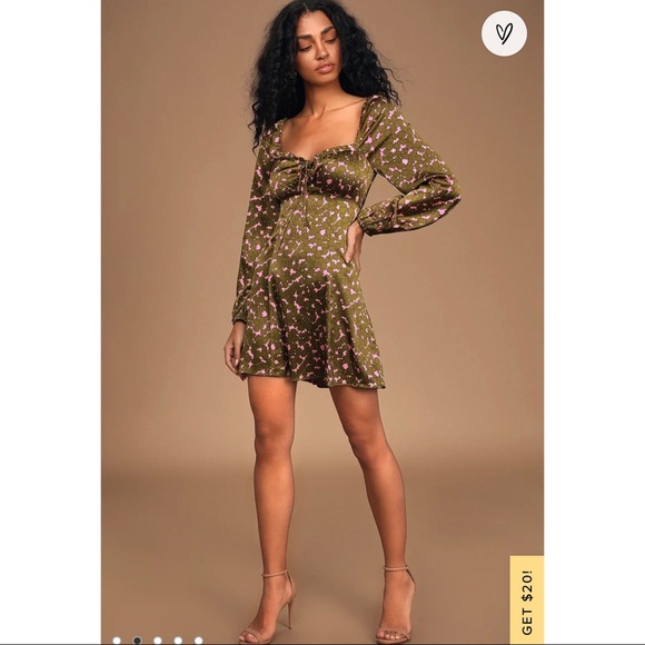 NWOT-LULUS Pink and Green Floral Print Satin Dress - Picture 2 of 5